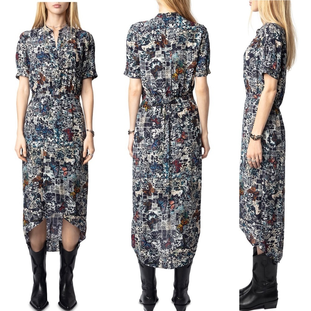 Zadig & Voltaire Rimaz Soft Butterflies Short Sleeve Asymmetrical Midi Dress NEW - Picture 2 of 14